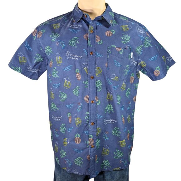Party Pants Other - Party Pants NWT Med Short Sleeve Button Neon Sign Tropical Hawaiian Blue Shirt